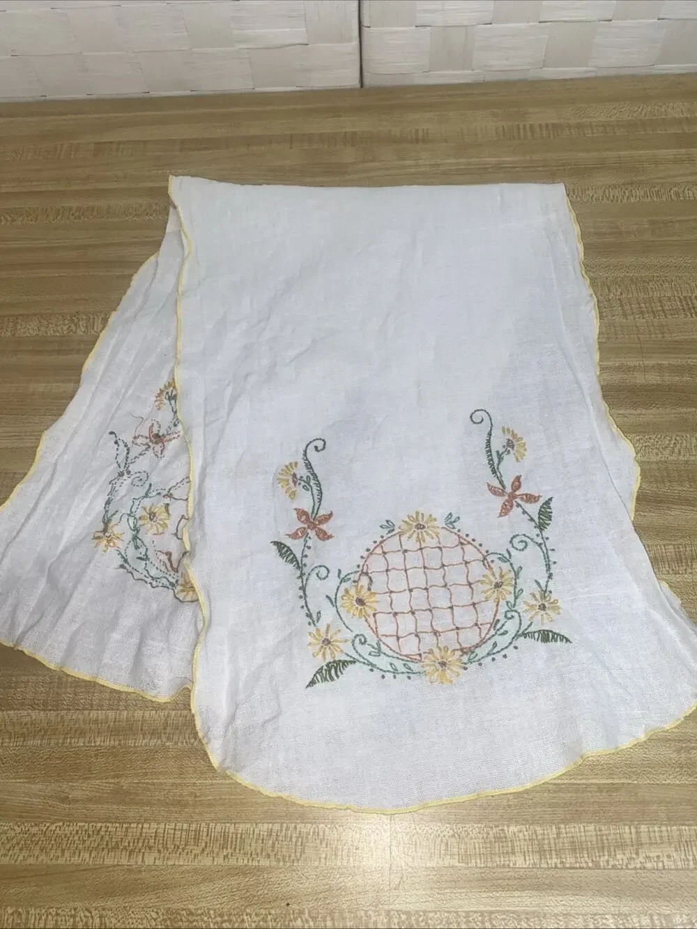 Vintage 1950s Hand Embroidered Table Runner Garden Flower 12.5” X 35”
